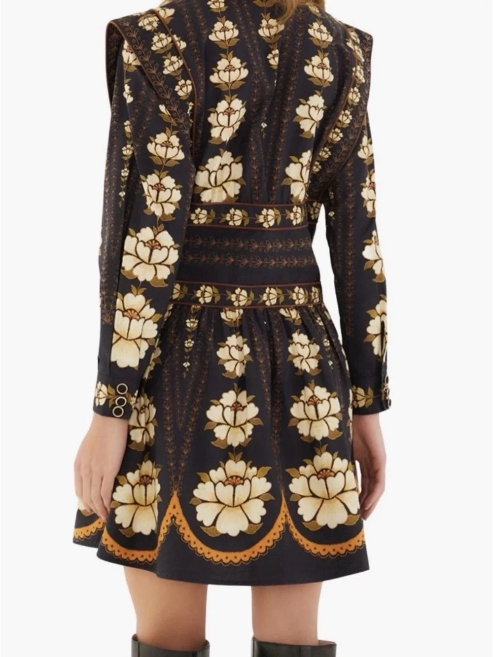 FARM RIO XXS Embroidered Black Dress with Cream & Gold Floral Motif - Picture 3 of 5